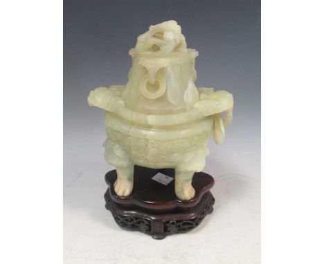 Jade censer on tri-form legs with chilong incised into the lid, 25cm tall with stand; together with a white jade bangle, 8.5c