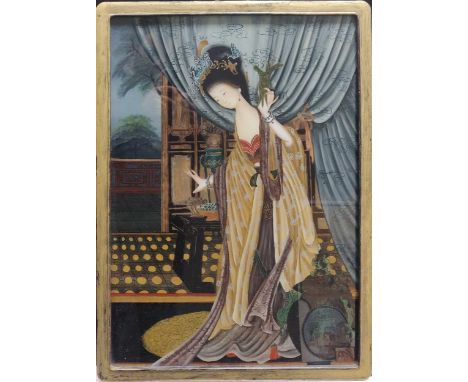A Japanese reverse glass painting, full length portrait of a lady, 65.5 x 46cmSome damage to the paint layer towards the bott