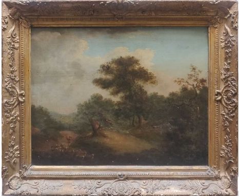 Follower of George Morland, landscape with sheep on a country path, oil on canvas, 34 x 43.5cm and of four continental landsc