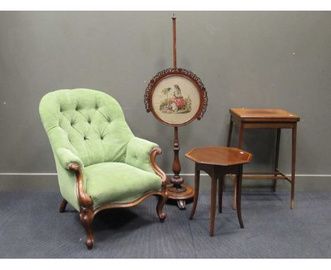 A Victorian walnut button back armchair 88 x 72 x 65cm together with a Victorian polescreen 147cm high and two Edwardian maho