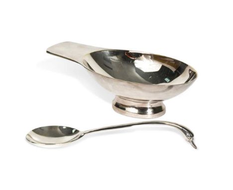 A French electroplated sauceboat and serving ladle, after a design by Christian Fjerdingstad for Christofle.