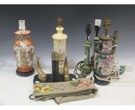 Six various table lamps including 2 Japanese vase base lamps, pair of brass dolphin bookends, and a tapestry bell pull