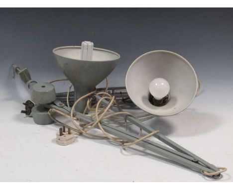 A collection of lamps, including an angle-poise lamp, standard lamps, etc