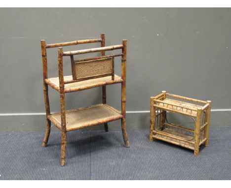 Bamboo two tier magazine rack and small shelf; a chinoiserie three part small room screen 88 x 102cm (3)