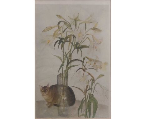 Elizabeth Blackadder, Abyssinian Cat and Lilies, offset lithograph, facsimile signed and dated, 70.5 x 50cm
