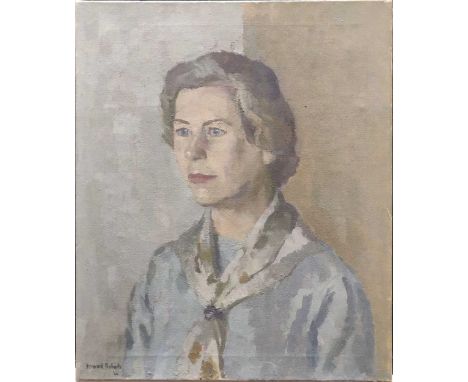 Howard Roberts (1922-2001), quarter-length portrait of a woman in blue, possibly the late Queen, Elizabeth I, signed and date