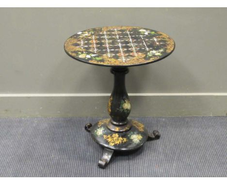 A 19th century ebonised occasional table, inlaid with mother of pearl with a painted chessboard top over a turned support, 56