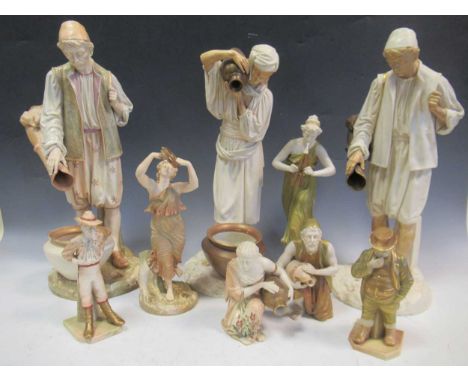 A collection of Royal Worcester figures, including figures with classical urns pouring water, a maiden playing the tambourine