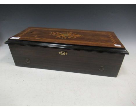 A Victorian rosewood case music box playing eight airs with crank wind mechanism 28cm cylinder, 52cm wide total