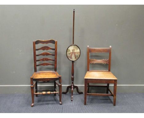 An 18th century style ladder back chair together with a 19th century mahogany dining chair and an oval silk work polescreen (