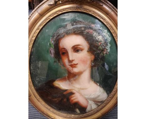 English School, circa 1800Portrait of a lady with flowers in her hair reverse glass painting on convex glass, oval45 x 46.5cm