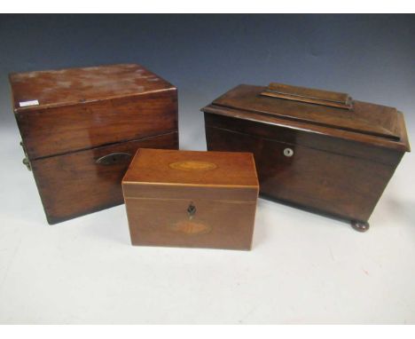 A 19th century rosewood sarcophagus tea caddy, 21 x 33 x19cm; together with a small shell inlaid tea caddy, 13 x 19 x 10cm an