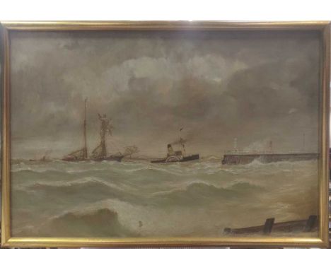 Tom Martin, a steamer pulling a wrecked vessel to shore, signed and dated lower right 'Tom Martin 1912', oil on canvas 29.5 x