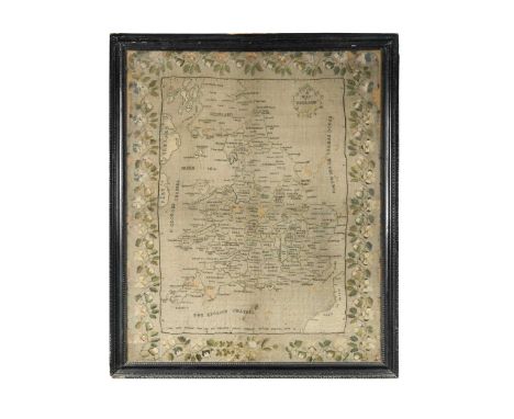 An embroidered silk work 'Map of England', 19th century,  depicting England, Wales and part of Scotland, worked by Jane Cary 