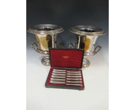 Christofle, Paris - A pair of silver plated wine coolers and a boxed set of twelve dessert knives