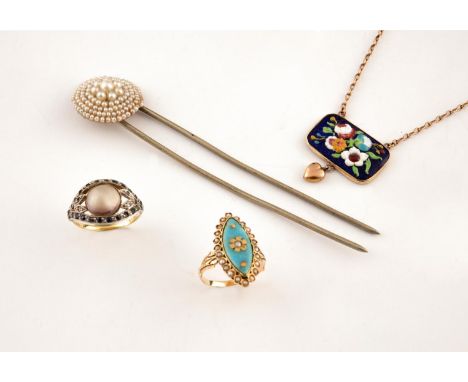 A PEARL SET HAT PIN together with a pearl and turquoise enamel marquise-shaped ring, set in gold, size L, an enamel and gold 