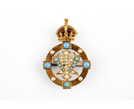 AN 18CT GOLD, TURQUOISE, PEARL AND ENAMEL BROOCH centred with a pearl and turquoise set cypher for Queen Victoria, within a g