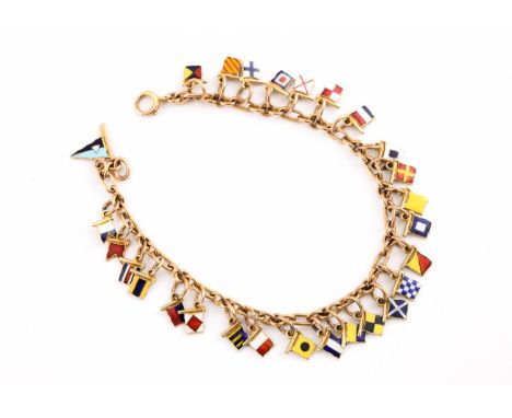 A 9CT GOLD AND ENAMEL NAUTICAL FLAG BRACELET suspending enamel and gold nautical flags and signal flags, including one for Th