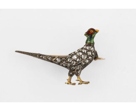 A DIAMOND AND ENAMEL PHEASANT BROOCH mounted with rose-cut diamonds, with green, red and yellow decoration in gold, 3.1cm lon