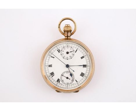 A 9CT GOLD OPEN FACED POCKET WATCH the white enamel dial with Roman numerals and two subsidiary dials, 50mm dia., 81.4 grams