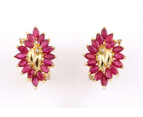 A PAIR OF RUBY AND DIAMOND EARRINGS each earring set with a circular-cut diamond and with marquise-cut rubies in yellow gold,