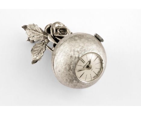 AN 18CT WHITE GOLD SWISS TIMEPIECE WITH FOLIATE ROSE BROOCH FITTING the case with gold granulated decoration, white enamel di