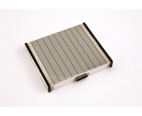 A SILVER AND ENAMEL COMPACT CASE BY ASPREY of rectangular form, with black enamel striped decoration to both cases, signed A 