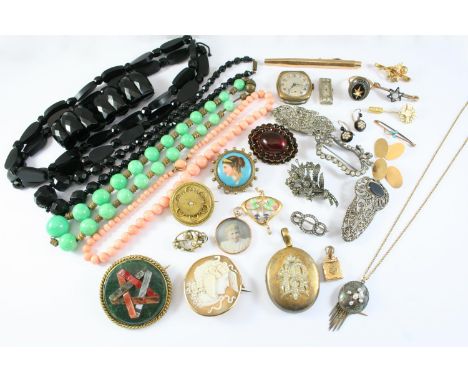 A QUANTITY OF JEWELLERY IN A RED LEATHER JEWELLERY BOX including a 9ct gold pencil, a Victorian rose-cut diamond brooch, an A