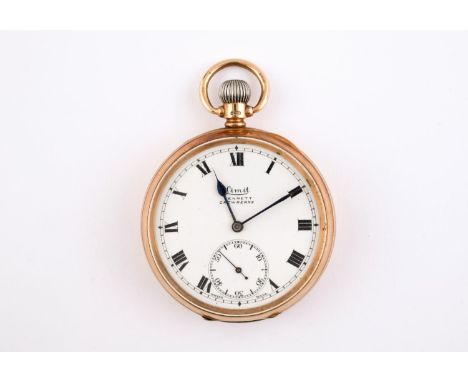 A 9CT GOLD OPEN FACED POCKET WATCH the white enamel dial signed Limitt, Bennett, Crewkerne, with Roman numerals and subsidiar