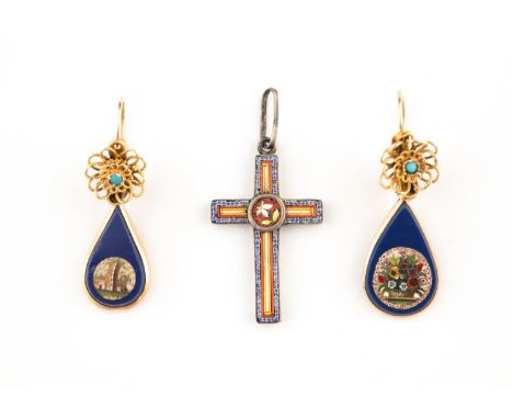 A PAIR OF MICROMOSAIC AND GOLD DROP EARRINGS each pear-shaped blue enamel drop with a micromosaic, with turquoise and gold su