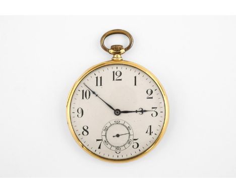 AN 18CT GOLD SLIM OPEN FACED POCKET WATCH the white enamel dial with Arabic numerals and subsidiary seconds dial, 45mm dia, 5