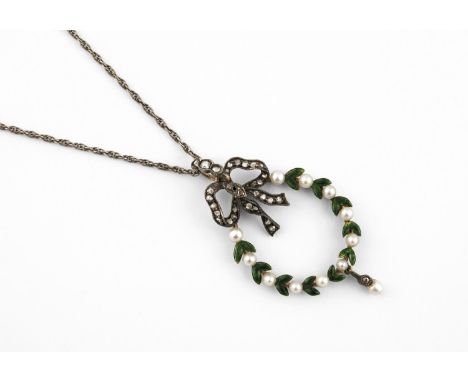 AN ENAMEL, PEARL AND DIAMOND PENDANT formed with green guilloche enamel leaves and small pearls, with rose-cut diamond set ri