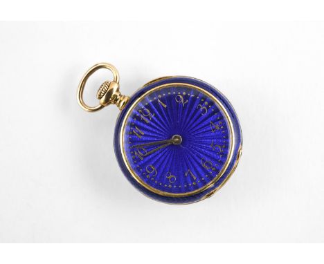 AN 18CT GOLD AND BLUE ENAMEL SWISS OPEN FACED FOB WATCH the royal blue guilloche enamel dial with Arabic numerals, with royal