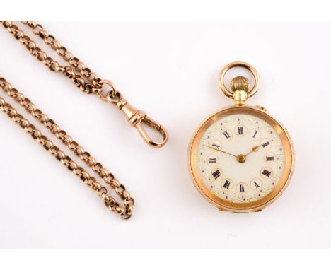 AN 18CT GOLD OPEN FACED POCKET WATCH the foliate engraved white enamel dial with Roman numerals, with foliate engraved and ca