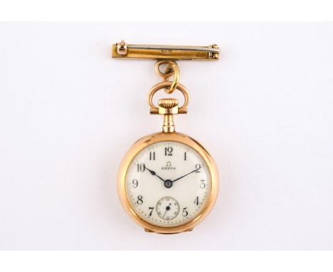 AN 18CT GOLD FOB WATCH BY OMEGA the signed white enamel dial with Roman numerals and subsidiary seconds dial, inscribed to th