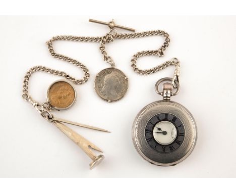 A SILVER HALF HUNTING CASED POCKET WATCH the white enamel dial with Roman numerals and subsidiary, with engine turned and car