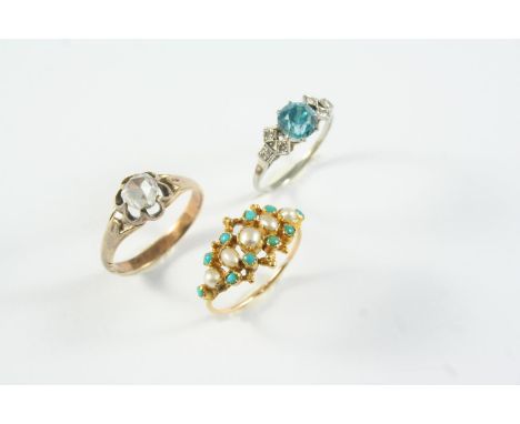 A DIAMOND SOLITAIRE RING set with a rose-cut diamond, in yellow gold, size O 1/2, together with a gold ring set with turquois