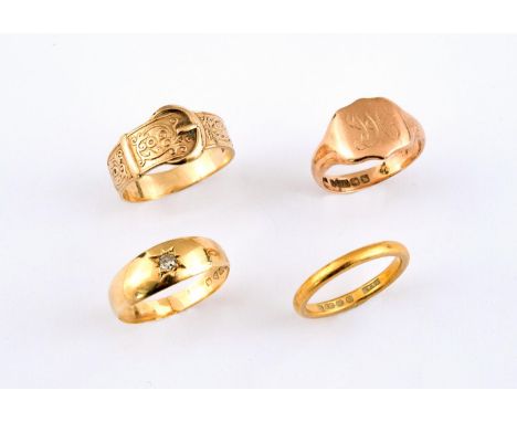 A 9CT GOLD BUCKLE RING with embossed foliate decoration,  3.7 grams, size S 1/2, together with a 9ct gold signet ring, engrav