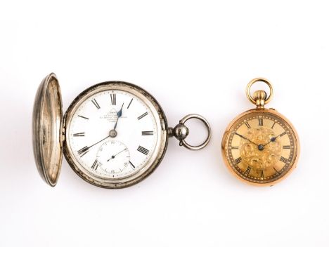 AN 18CT GOLD OPEN FACED POCKET WATCH the gold coloured foliate dial with Roman numerals, metal inner case, engraved with a mo