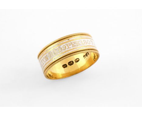 A GEORGE III GOLD AND WHITE ENAMEL MOURNING RING inscribed Humphrey Vaughton died 9 Feb 1805 aged 73. Size P 1/2