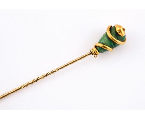A MALACHITE AND GOLD SNAKE STICK PIN formed as gold snake wrapped around a section of malachite