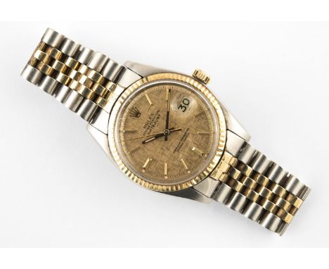 A GENTLEMAN'S STAINLESS STEEL AND GOLD OYSTER PERPETUAL DATEJUST WRISTWATCH BY ROLEX the textured gold coloured signed dial w