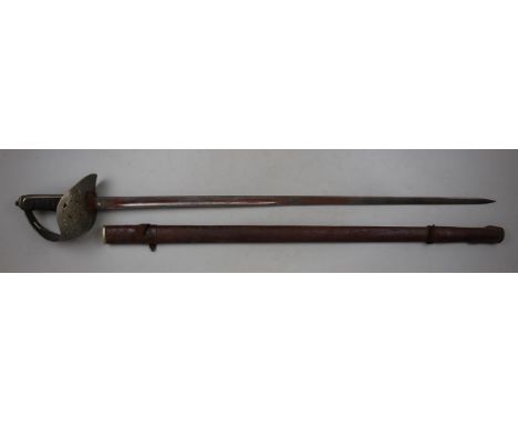 British 1897 pattern infantry sword, George V cypher etched to blade and guard, leather field scabbard.