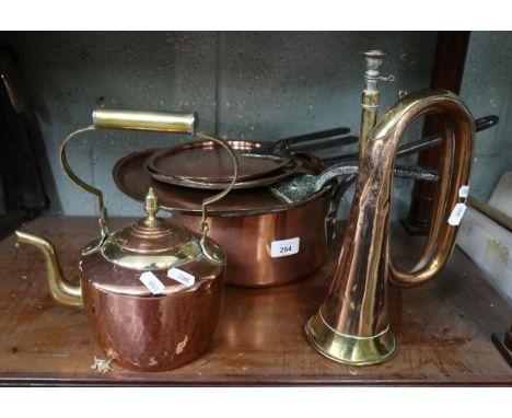 Mixed lot of antique copper to include pans and lids, bugle and tea pot