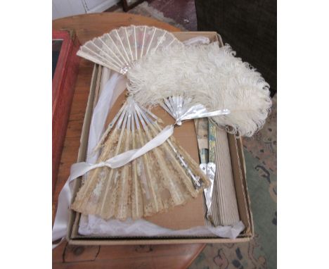 Collection of vintage fans to include silk, ostrich feather and mother of pearl