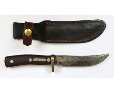 USA SCHRADE 165 'Old Timer' hunting knife, brass guard, leather sheath and composite slab grip