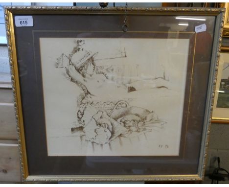 Reclining nude pencil sketch signed PF 86 - IS 33cm x 27cm 