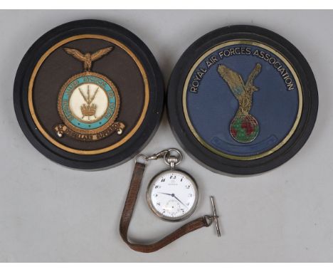WW2 Military Pocket watch by Moeris, GSTP with Broad Arrow, plus 2 x RAF plaques.