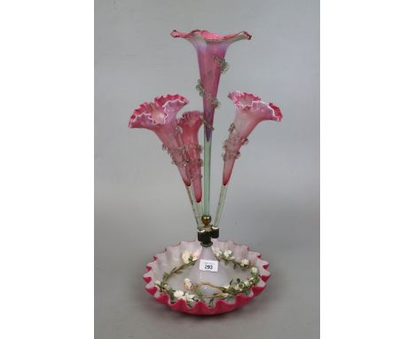 VICTORIAN EPERGNE, Pink vaseline glass, three trumpets with&nbsp;uranium glass stems and trailing decoration&nbsp;
