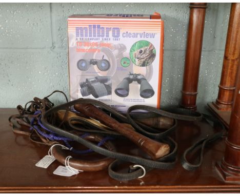 Hunting (shooting/fishing) related items inc. 3 x wooden 'Priests', or coshes, leather game bird carrier, 2 leather dog leads
